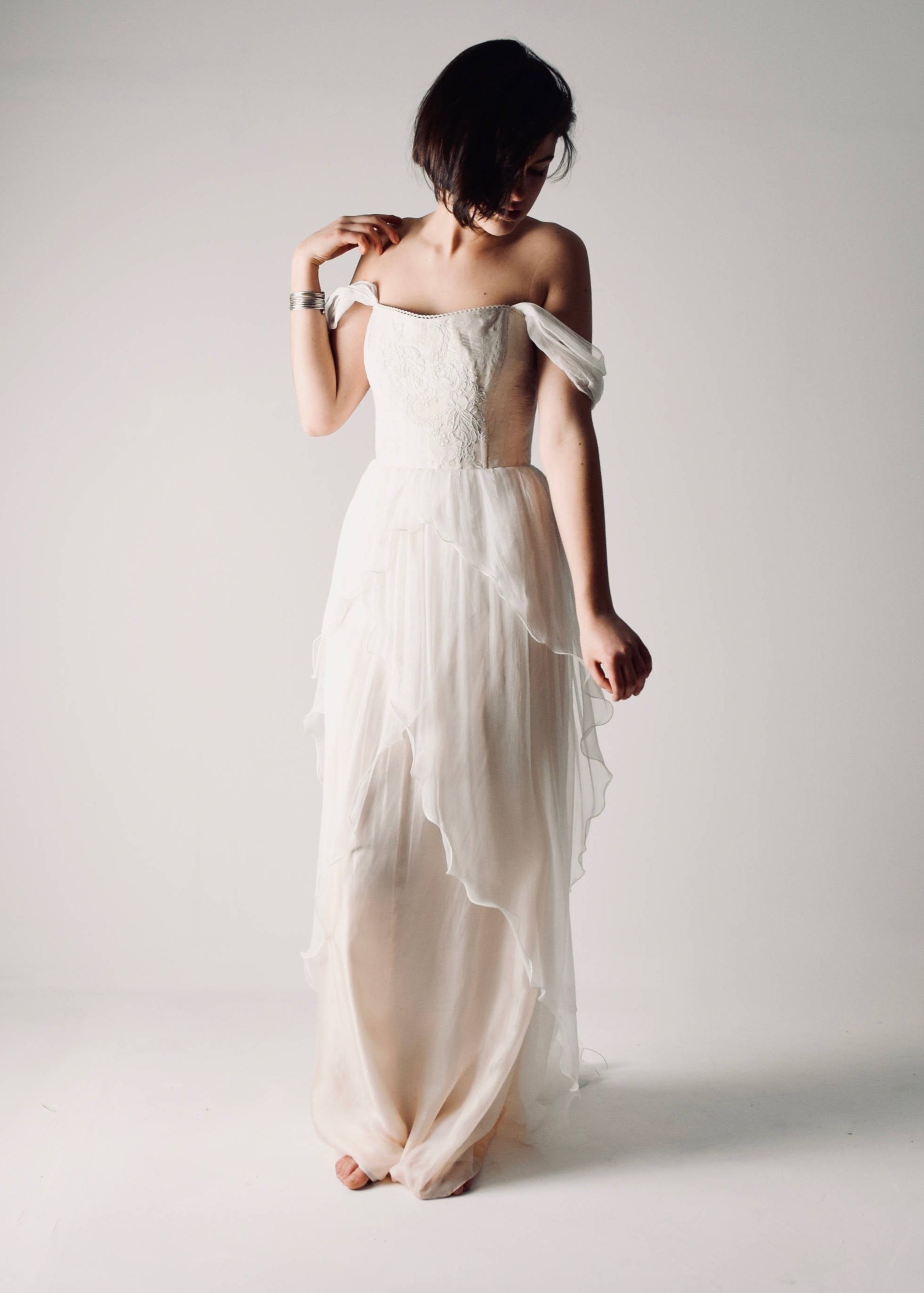 ANTHERICUM in Blush, a Victorian Style Silk Chiffon Wedding Dress with corset back and cap sleeves