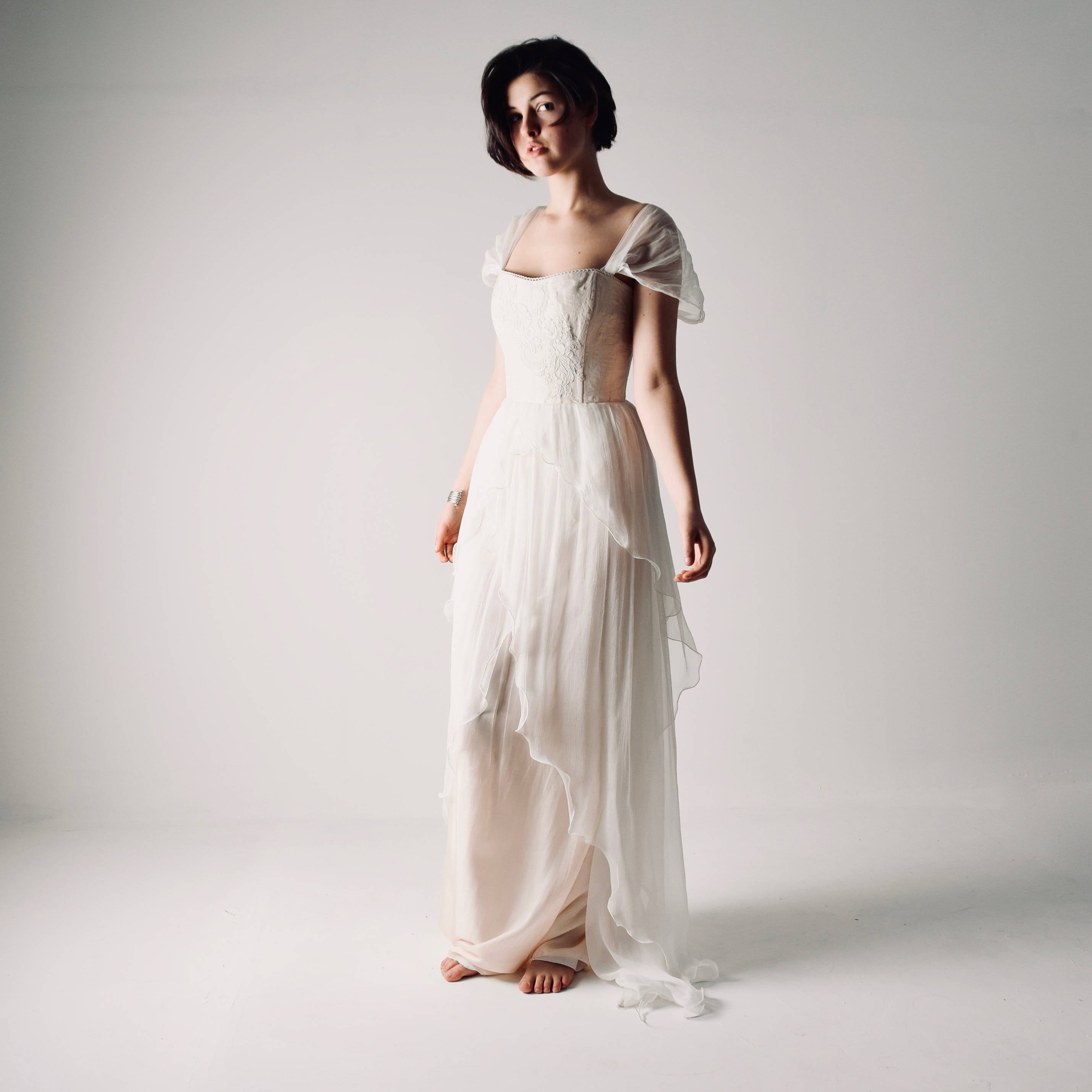 ANTHERICUM in Blush, a Victorian Style Silk Chiffon Wedding Dress with corset back and cap sleeves