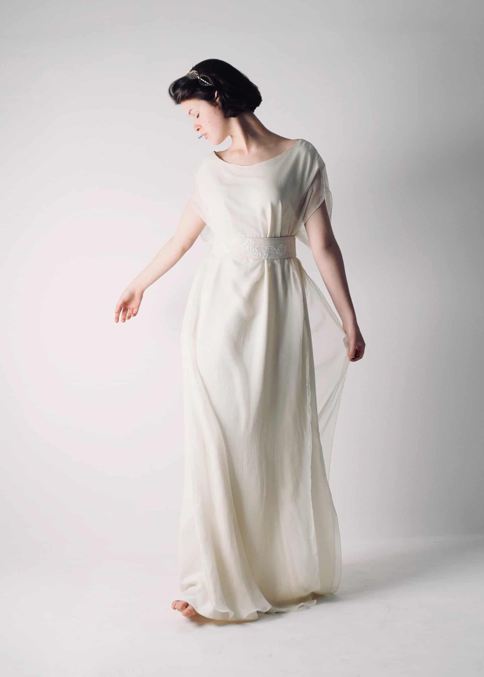 HEDERA, a Celtic Goddess Wedding Dress in Silk with a Belt