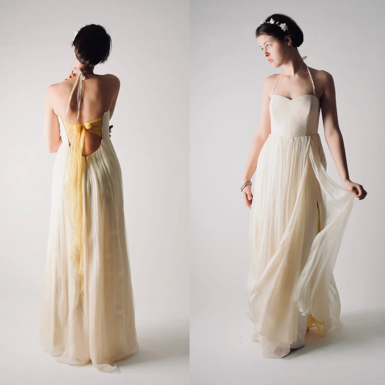 Narcissus open back summer wedding dress with yellow color accents