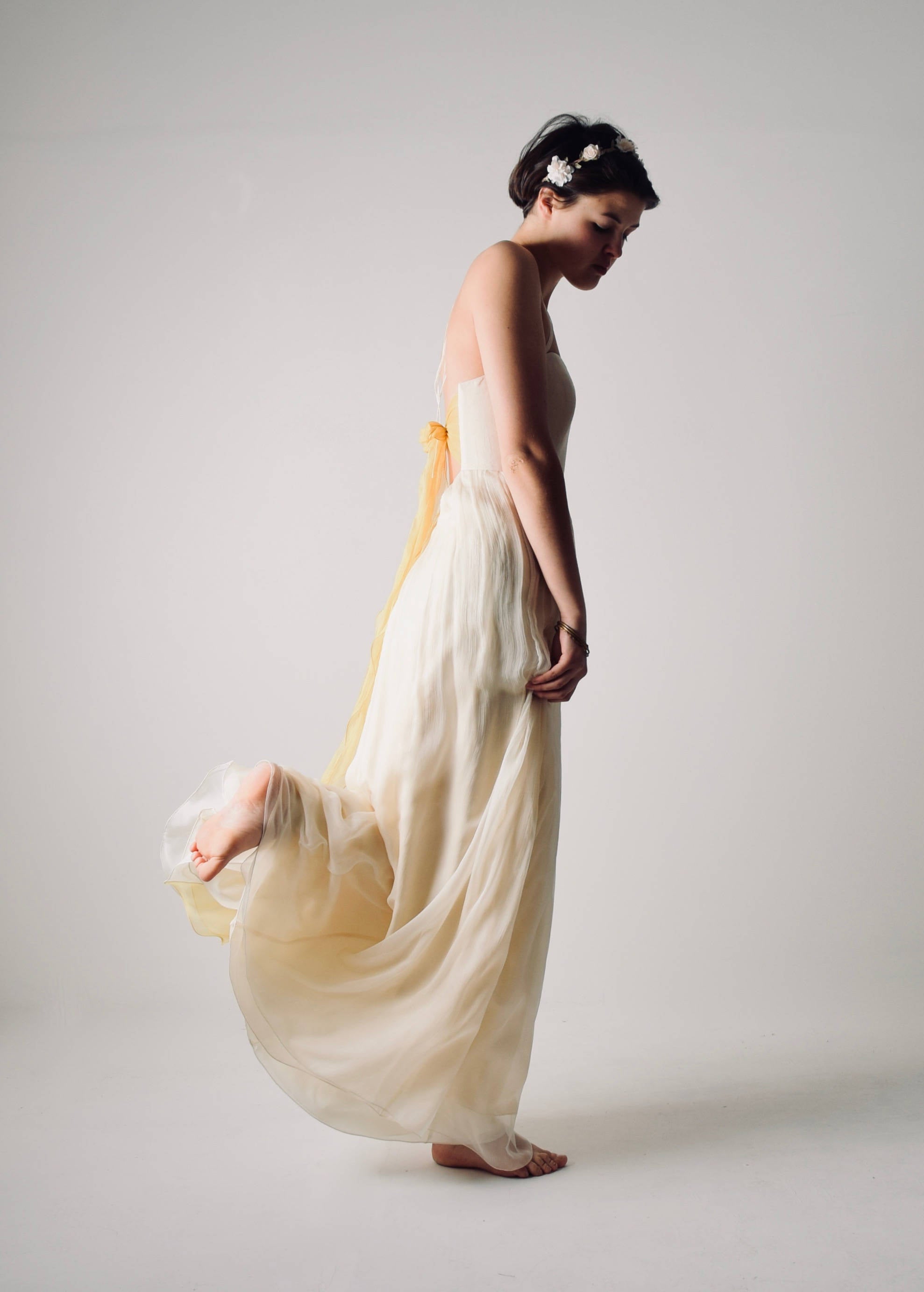 Narcissus open back summer wedding dress with yellow color accents
