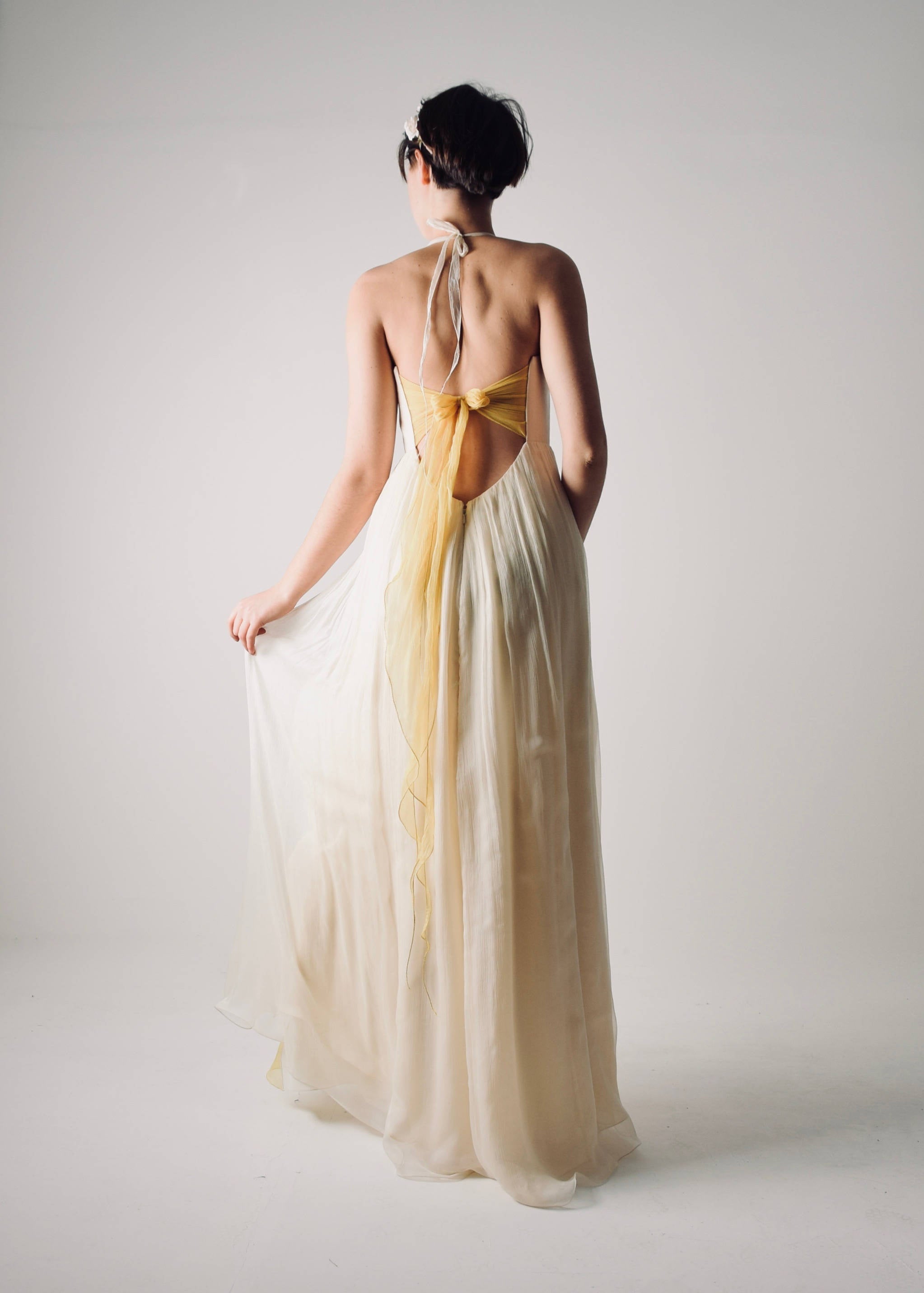 Narcissus open back summer wedding dress with yellow color accents Back view