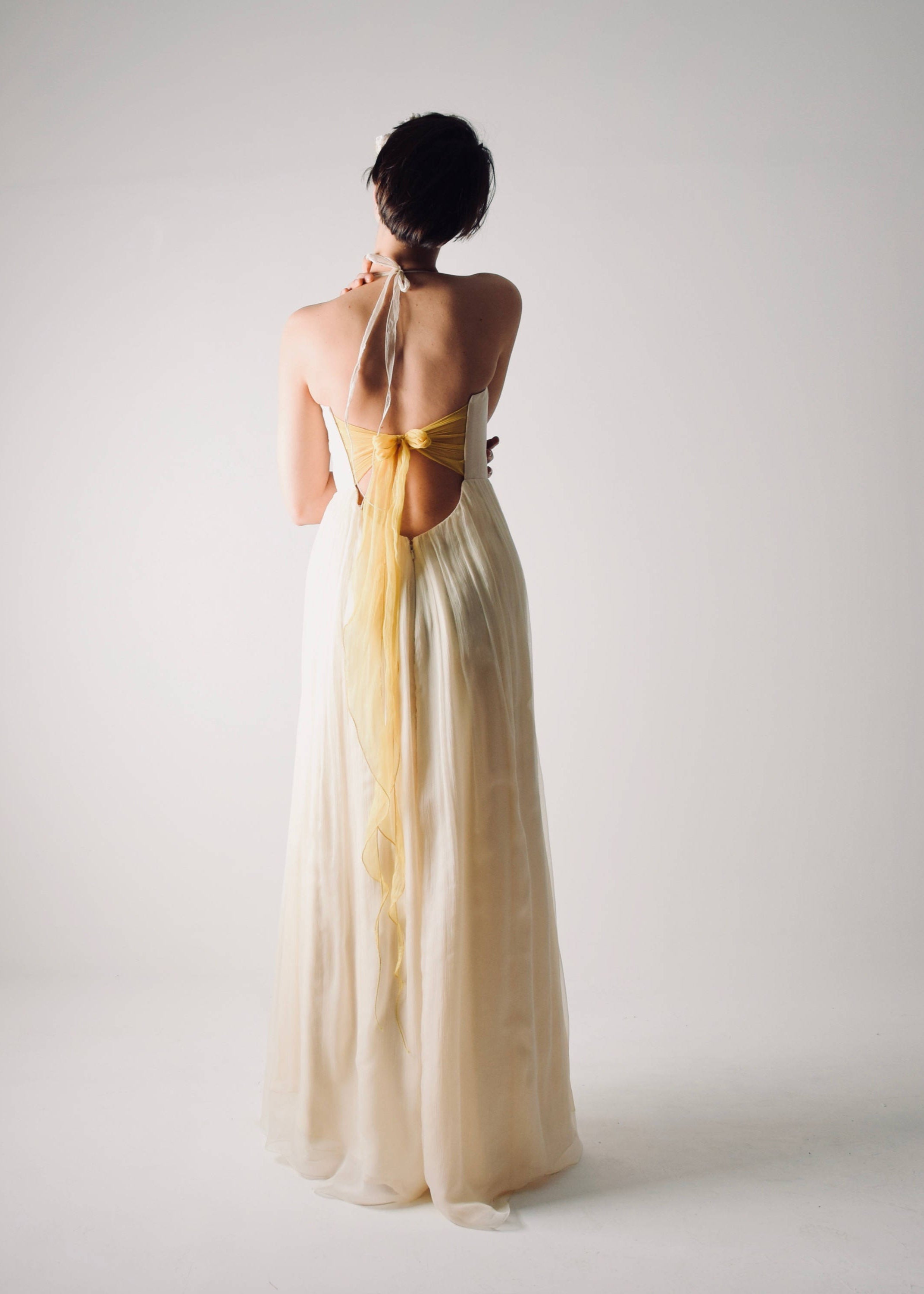 Narcissus open back summer wedding dress with yellow color accents Back view