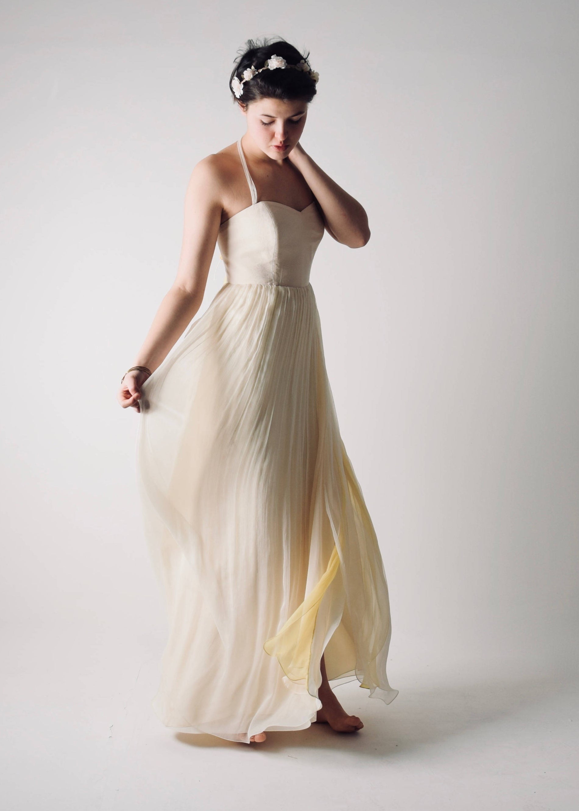 Narcissus open back summer wedding dress with yellow color accents