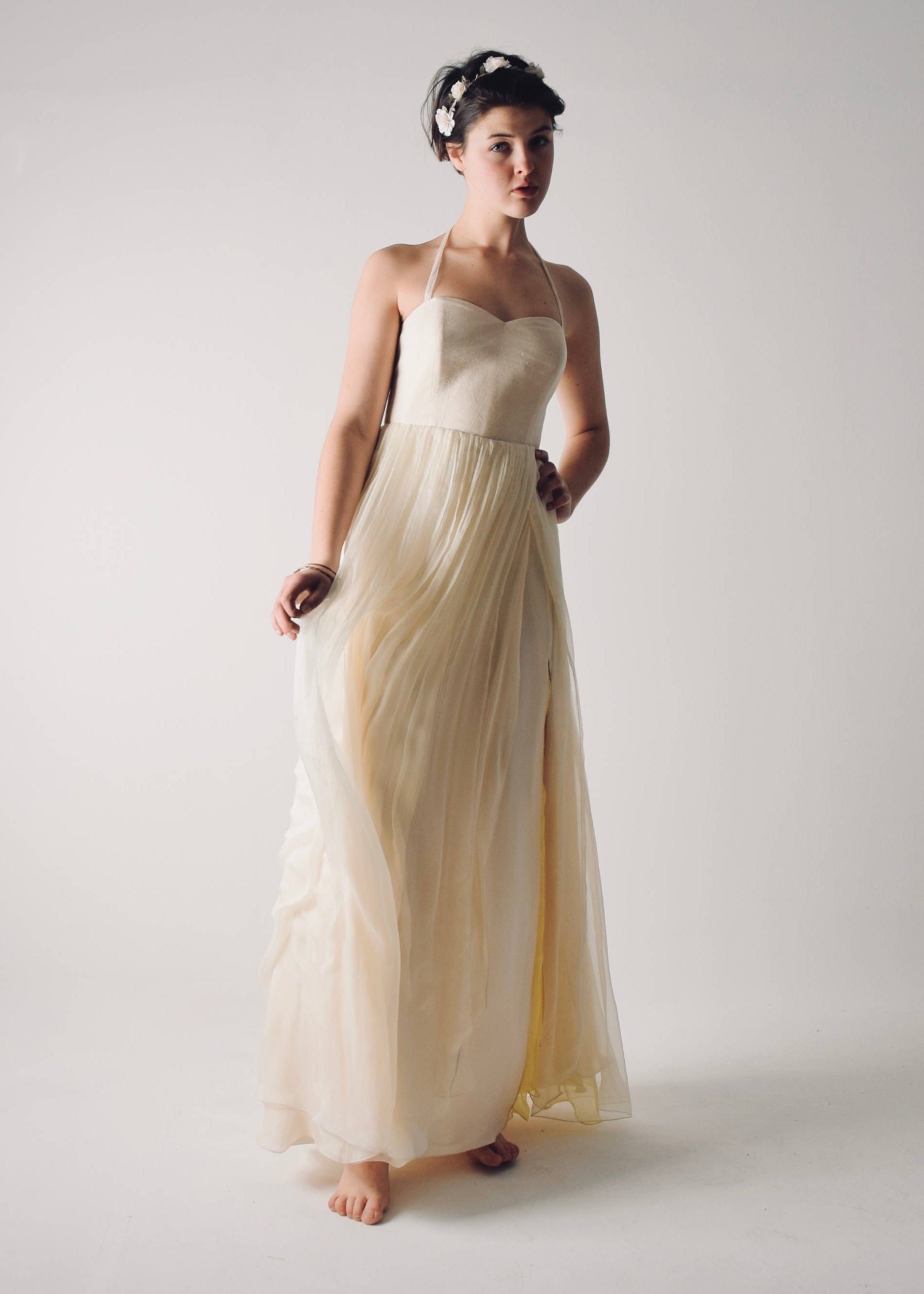 Narcissus open back summer wedding dress with yellow color accents