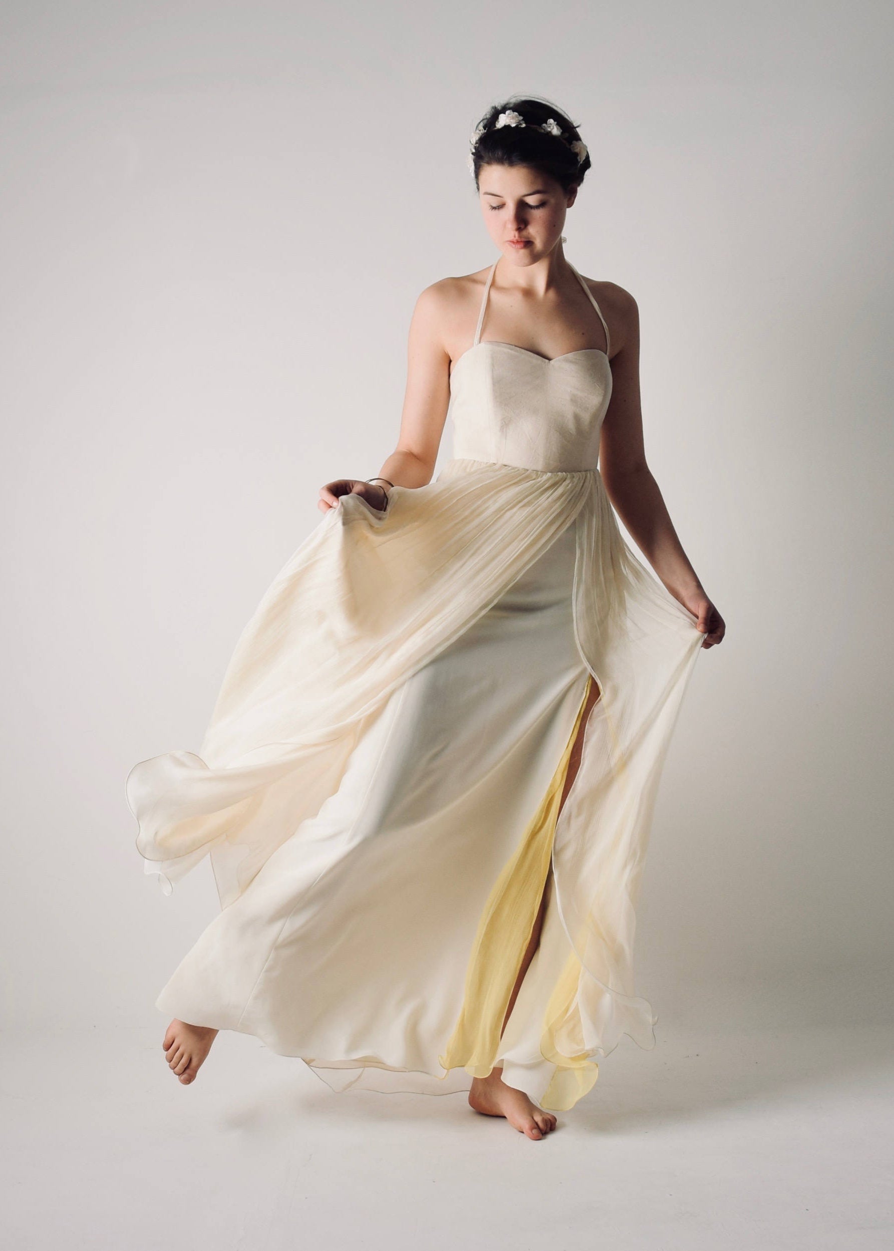 Narcissus open back summer wedding dress with yellow color accents In movement