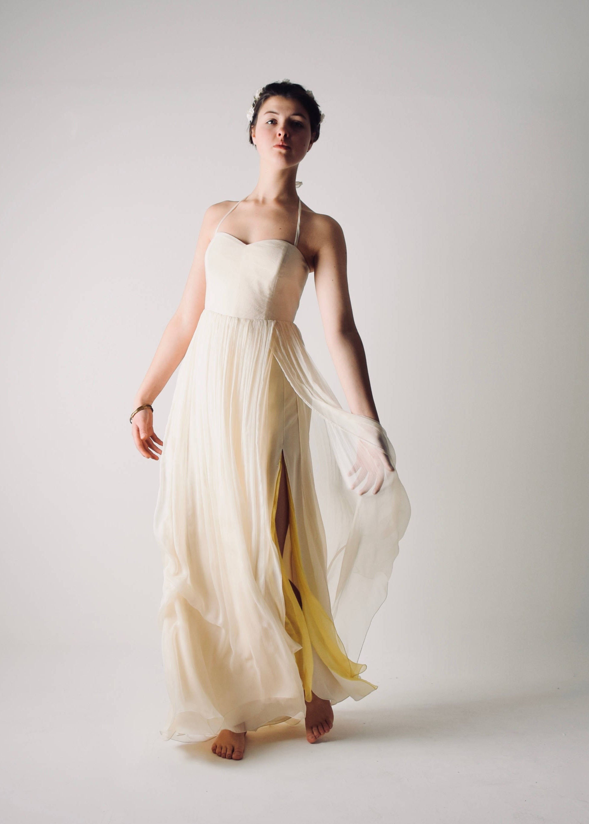 Narcissus open back summer wedding dress with yellow color accents
