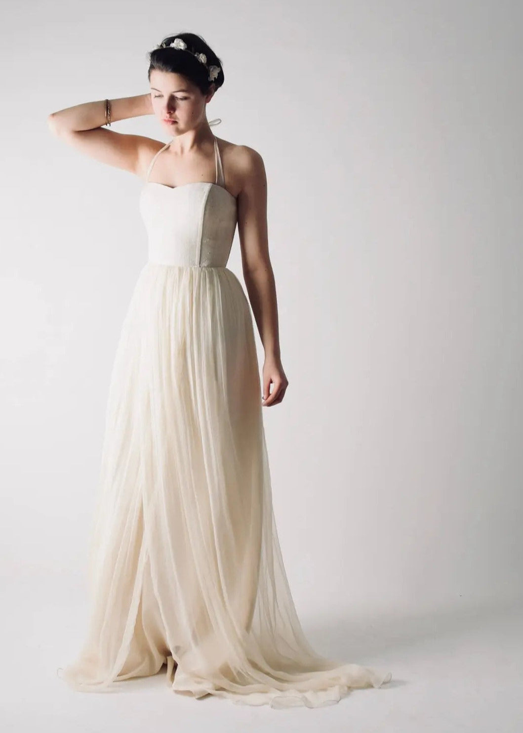 TILIA, a Corset Wedding Dress in Hemp and Silk Chiffon, with halter straps