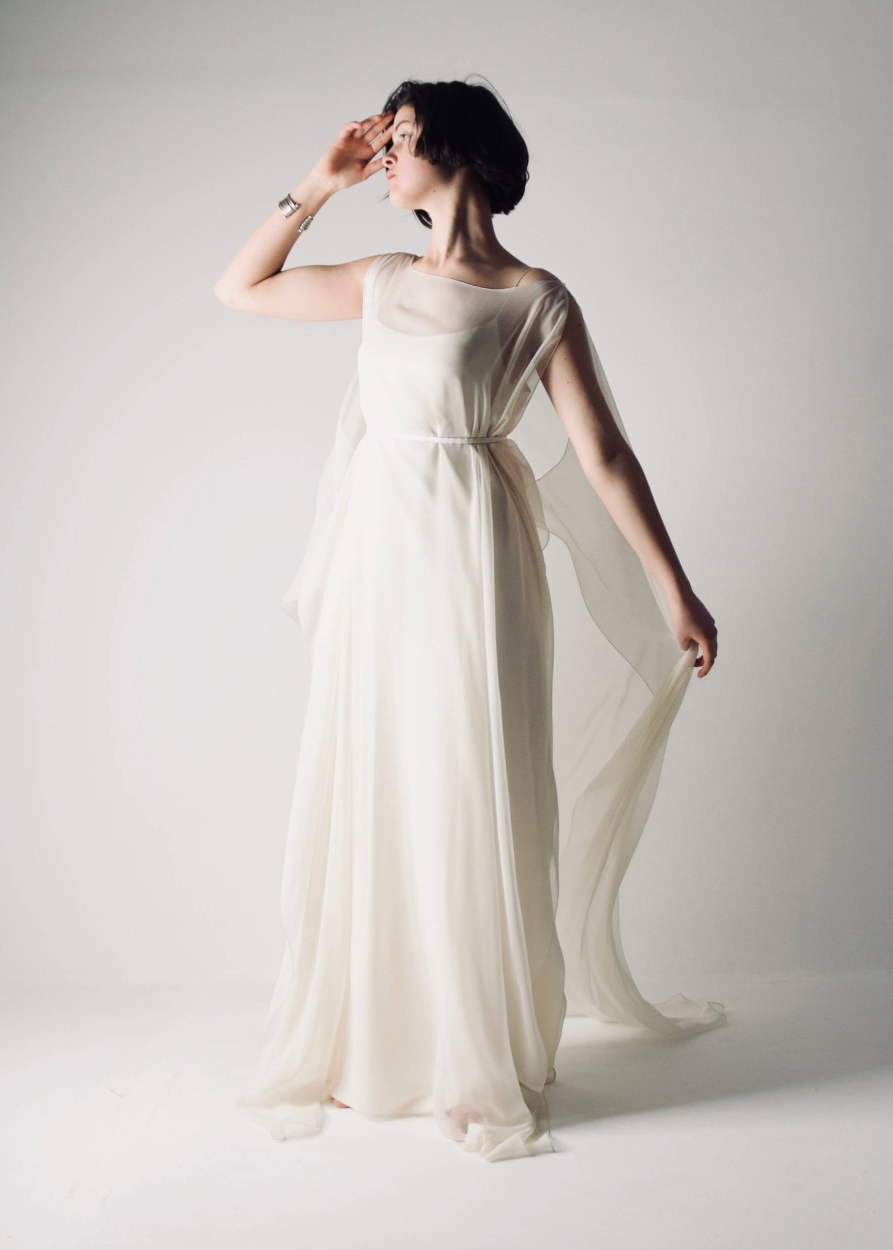 Flowy goddess style Ivory silk Kaftan wedding dress with a slip dress and a thin sash
