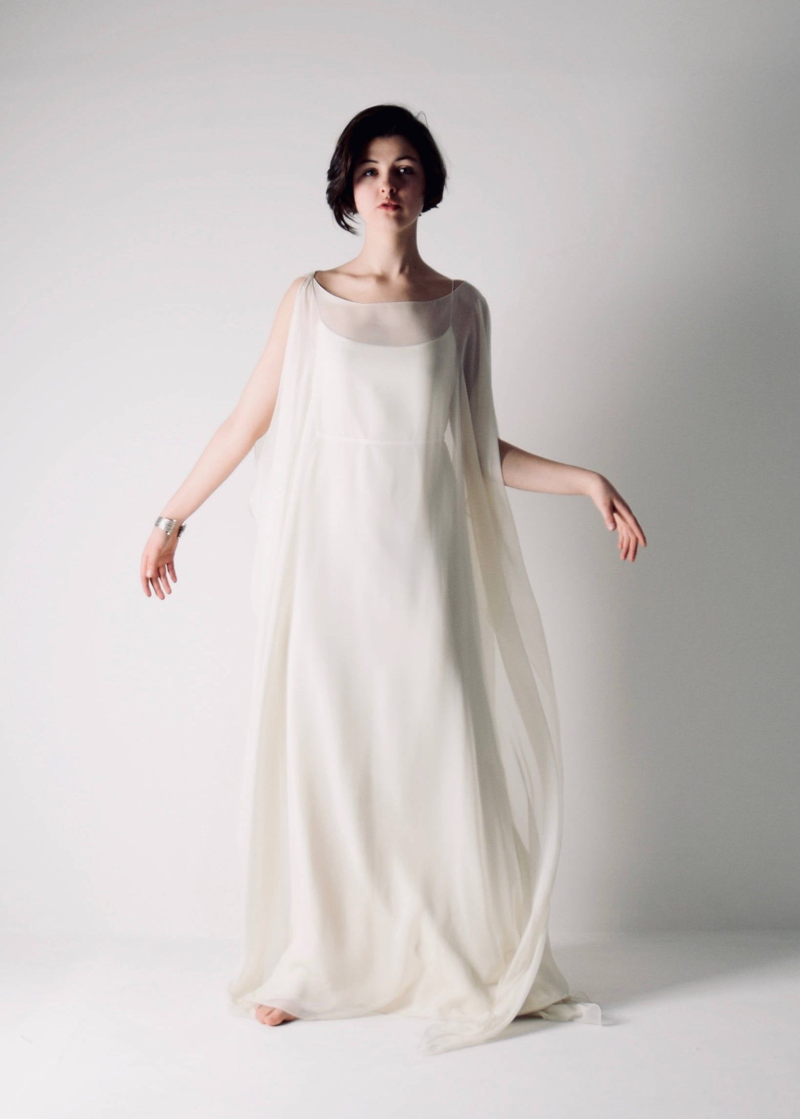 Flowy goddess style Ivory silk Kaftan wedding dress with a slip dress and a thin sash