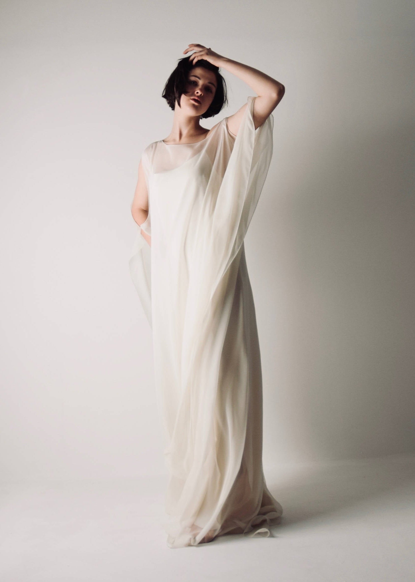 Flowy goddess style Ivory silk Kaftan wedding dress with a slip dress and a thin sash