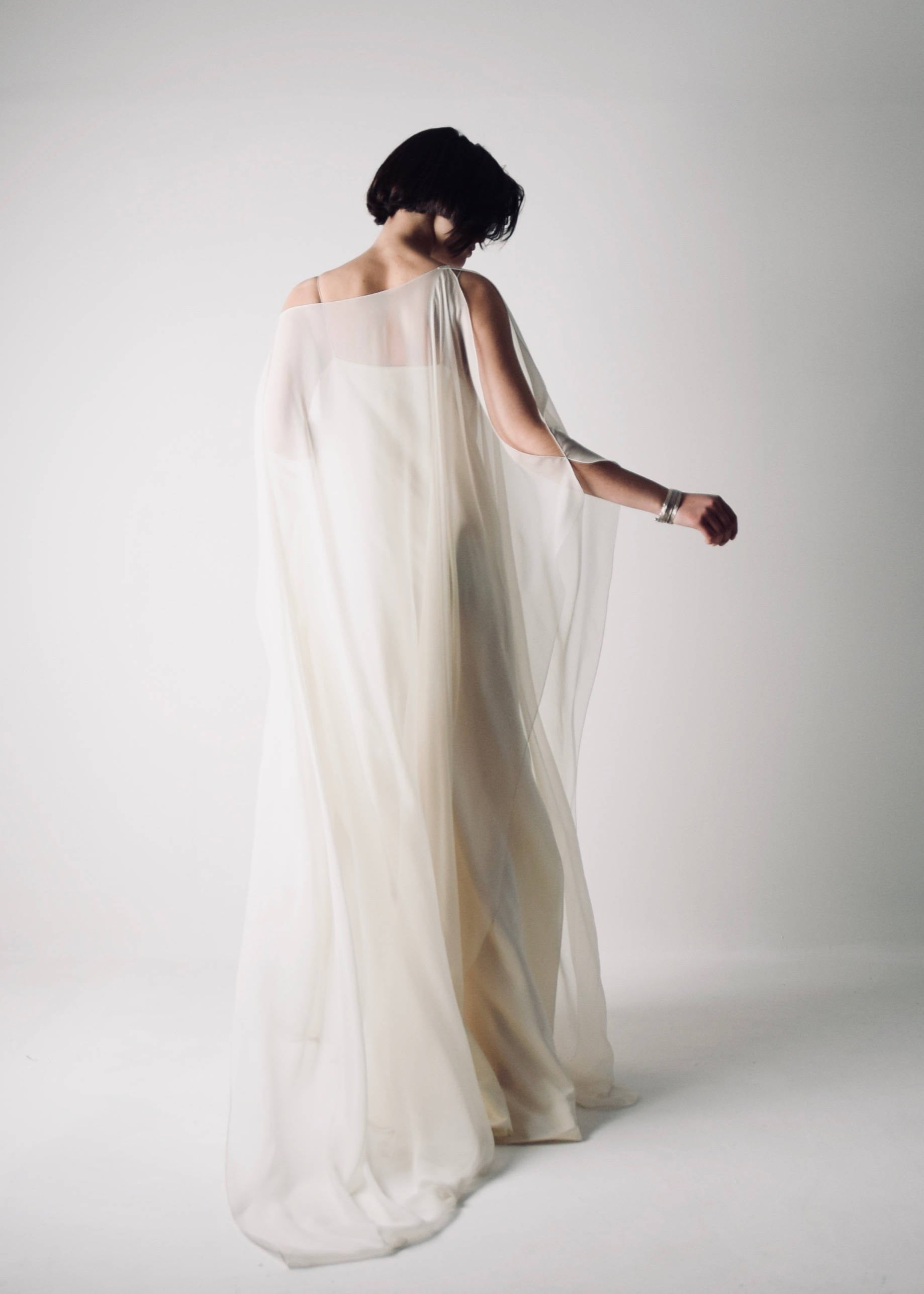 Flowy goddess style Ivory silk Kaftan wedding dress with a slip dress and a thin sash