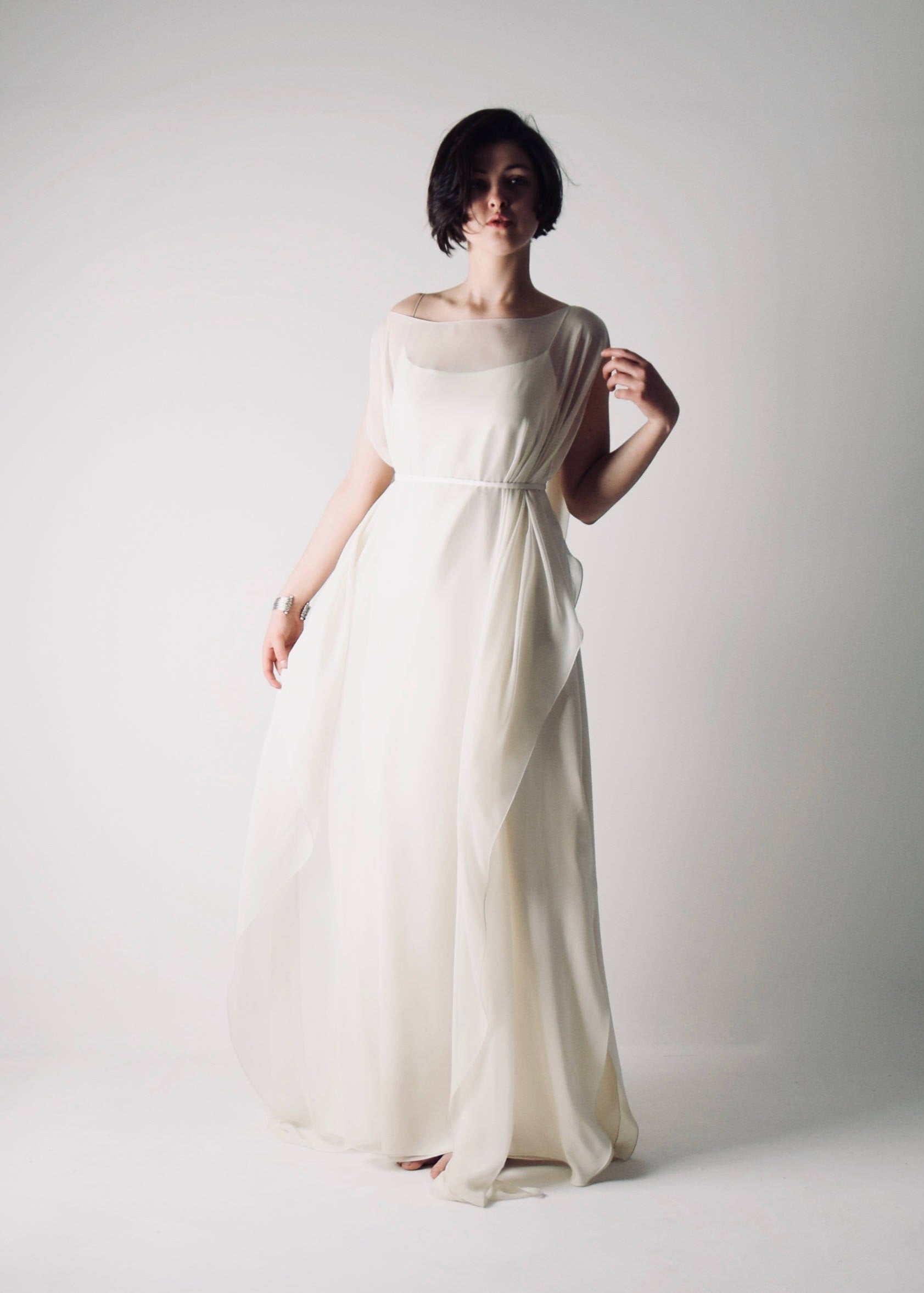 Flowy goddess style Ivory silk Kaftan wedding dress with a slip dress and a thin sash