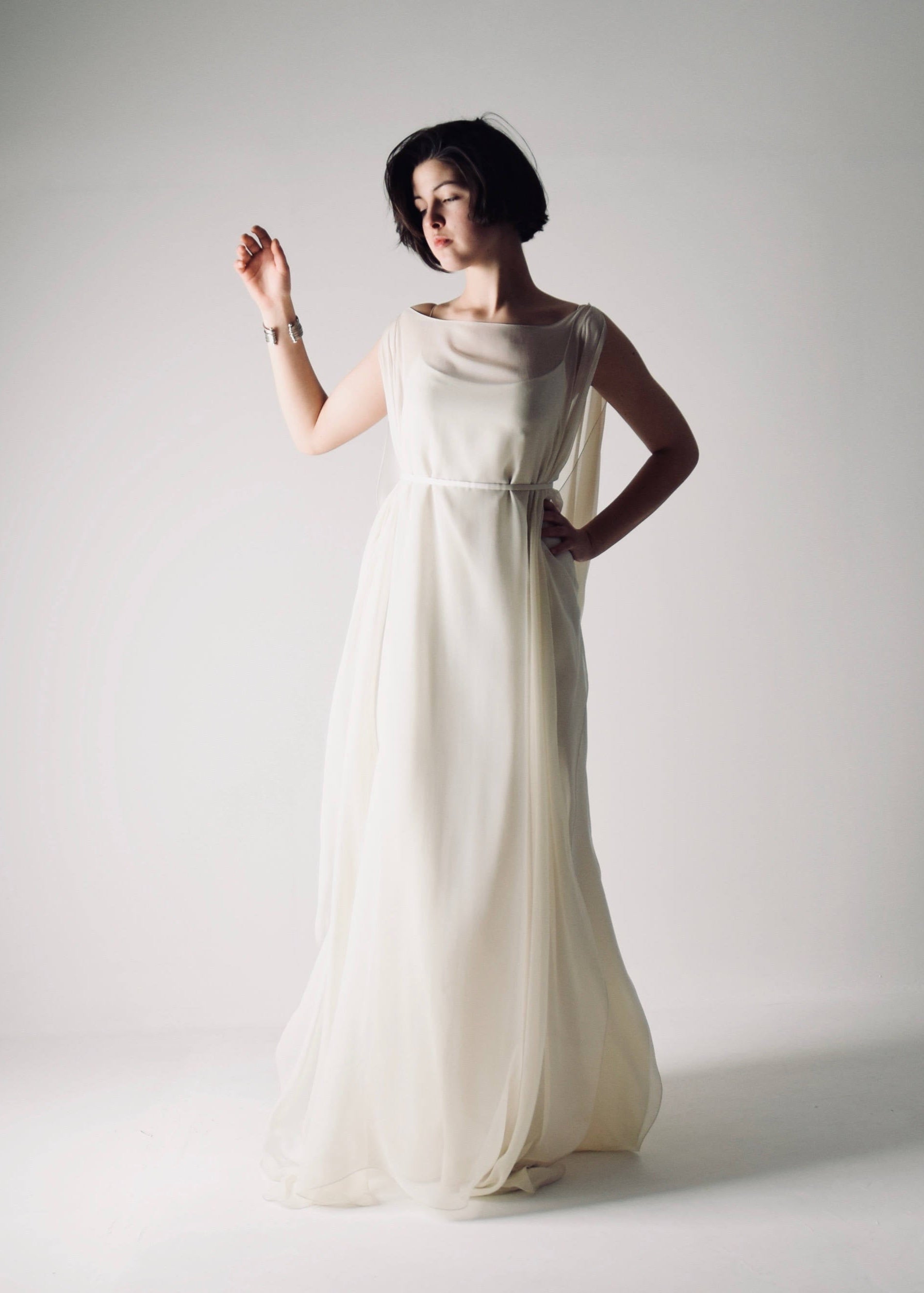 Flowy goddess style Ivory silk Kaftan wedding dress with a slip dress and a thin sash