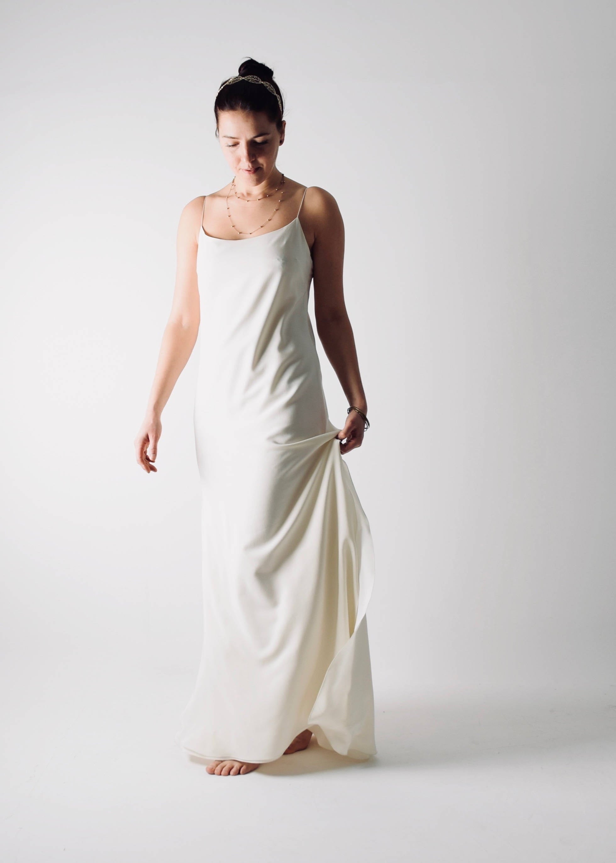 SAPONARIA, a Simple Slip Wedding Dress, with side slits and spaghetti straps