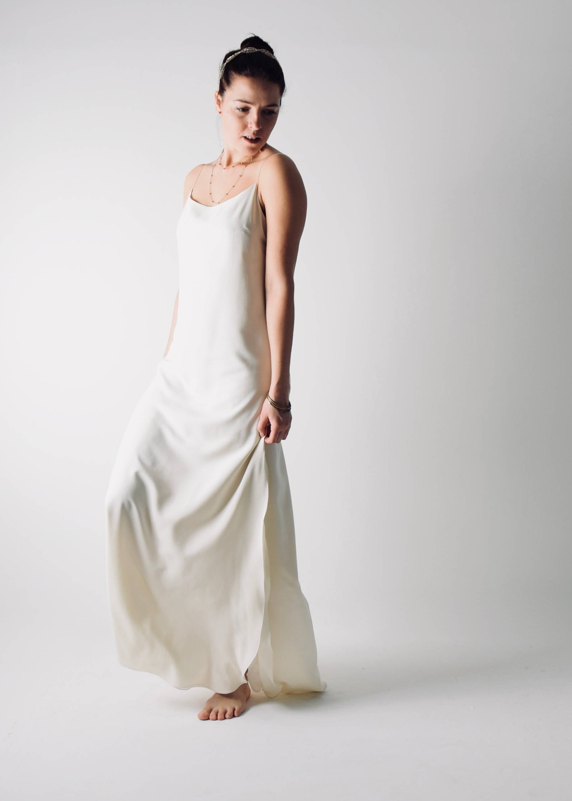 SAPONARIA, a Simple Slip Wedding Dress, with side slits and spaghetti straps