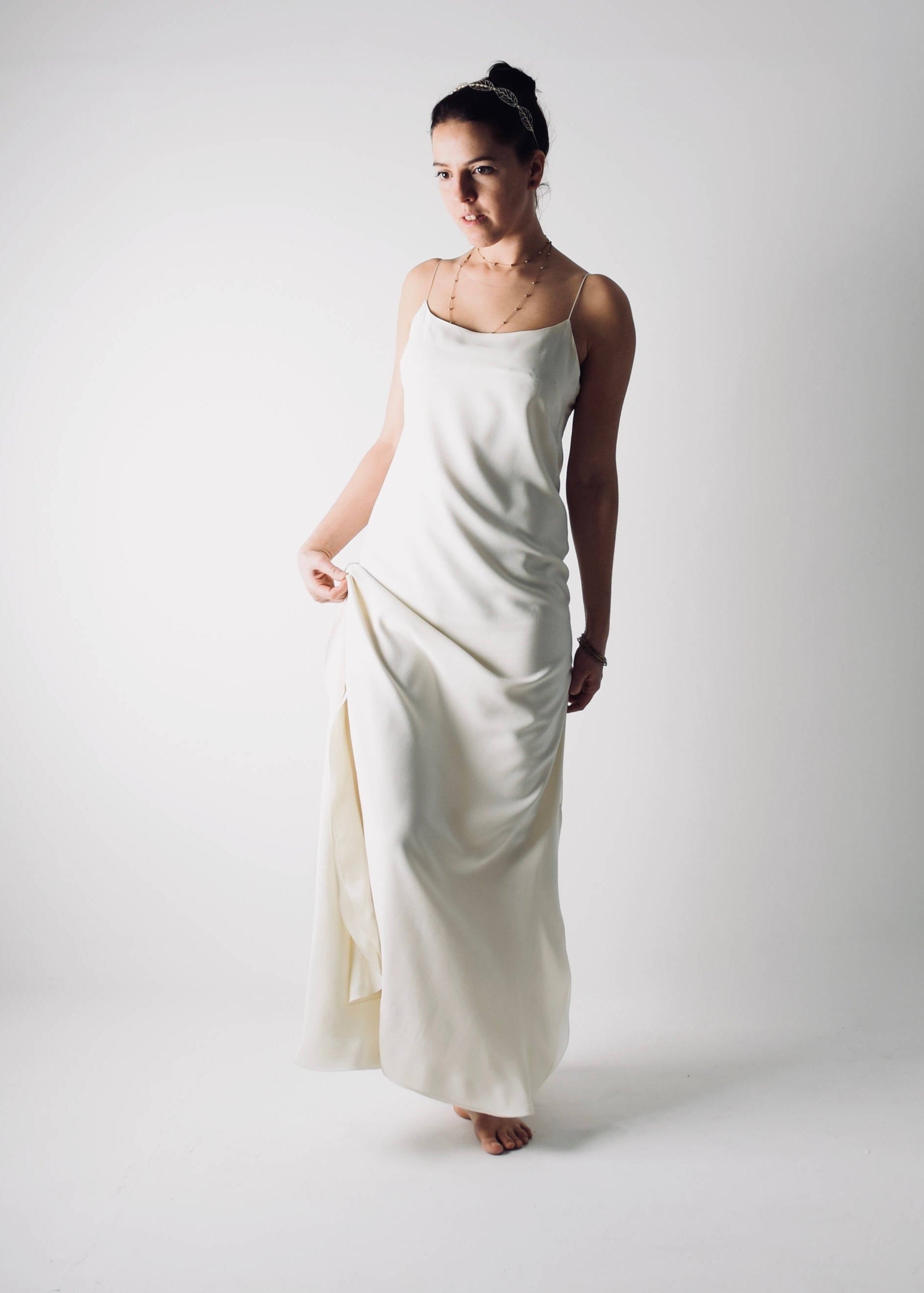 SAPONARIA, a Simple Slip Wedding Dress, with side slits and spaghetti straps