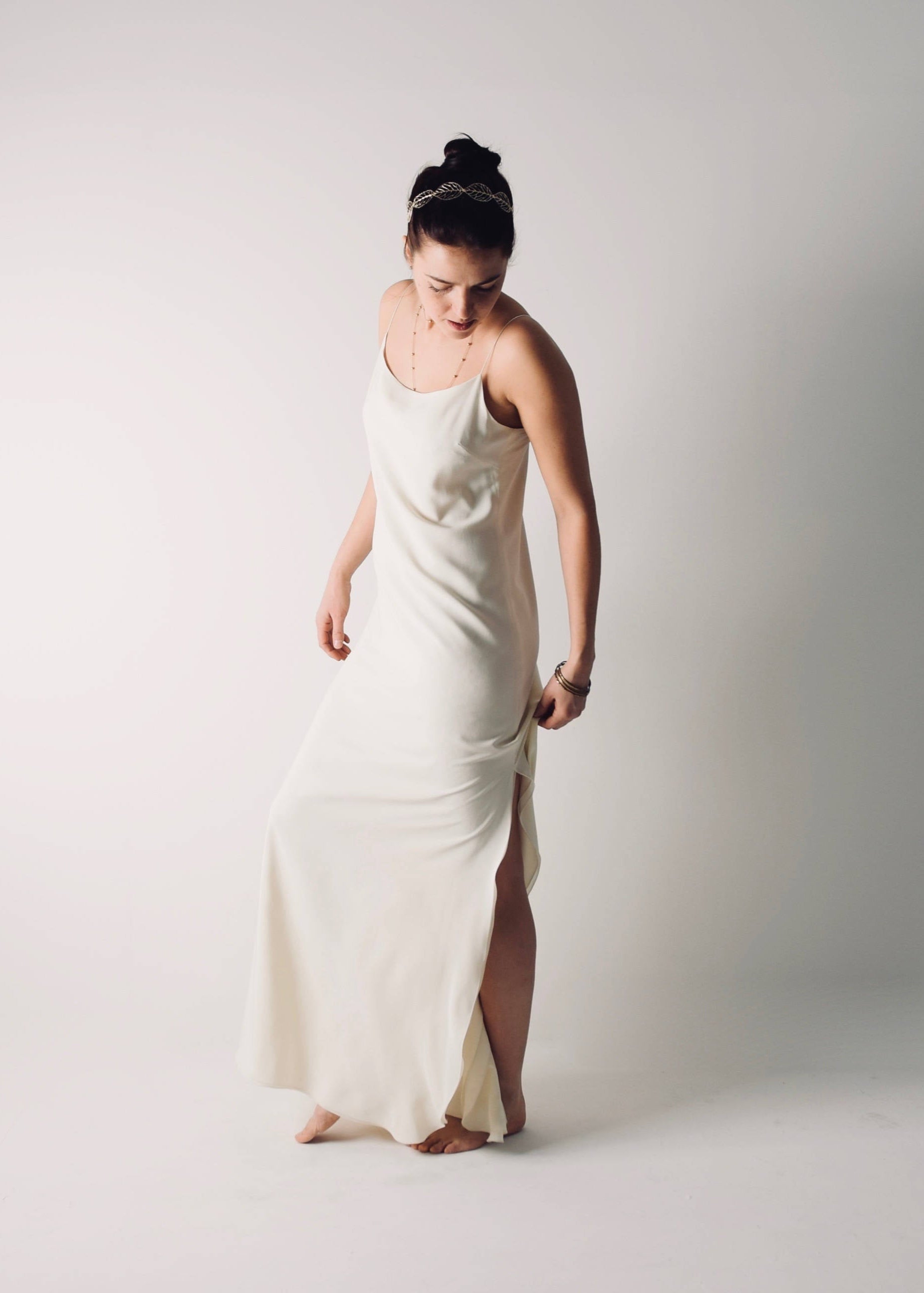 SAPONARIA, a Simple Slip Wedding Dress, with side slits and spaghetti straps