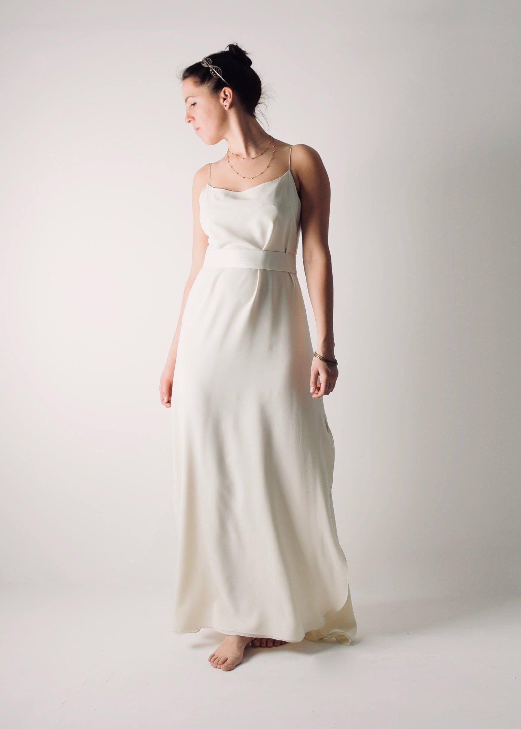 SAPONARIA, a Simple Slip Wedding Dress, with side slits and spaghetti straps, and a belt