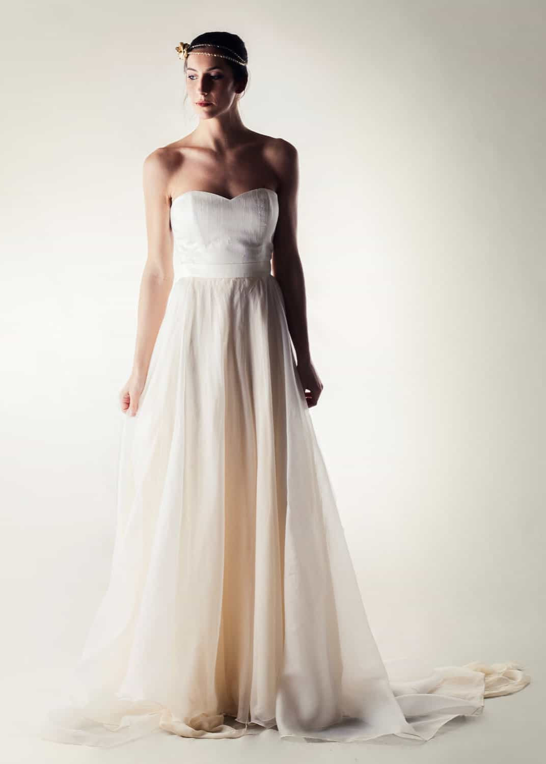 CORIANDER, a Sweetheart Silk Bustier and A-line Skirt Bridal Outfit