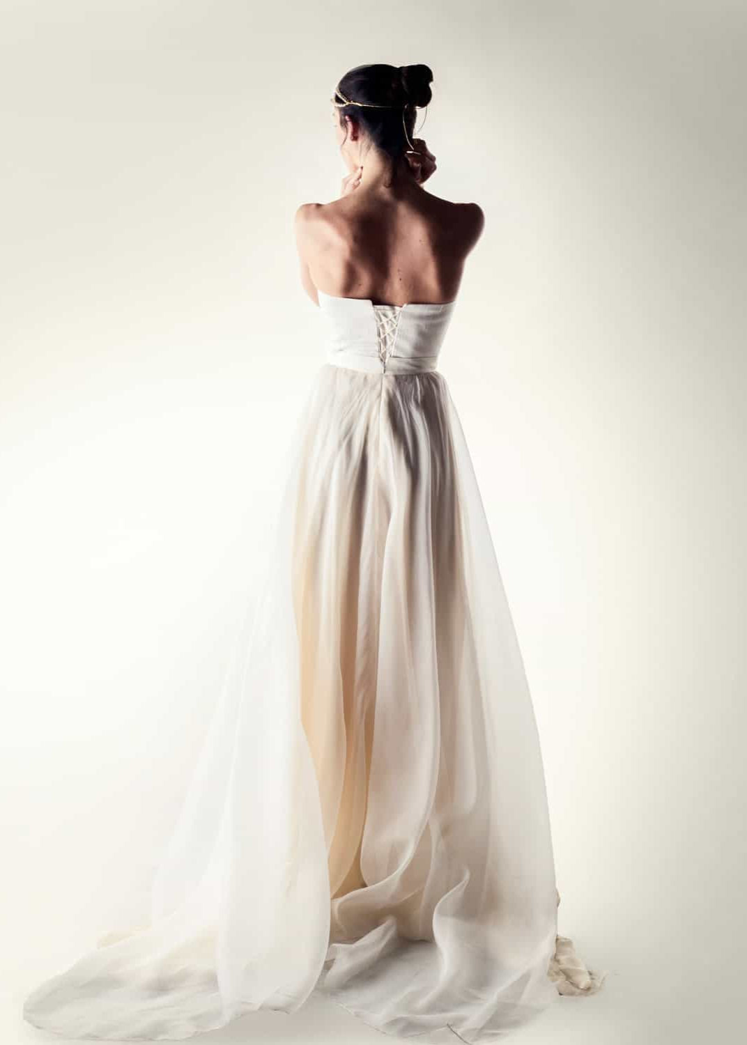 CORIANDER, a Sweetheart Silk Bustier and A-line Skirt Bridal Outfit - back