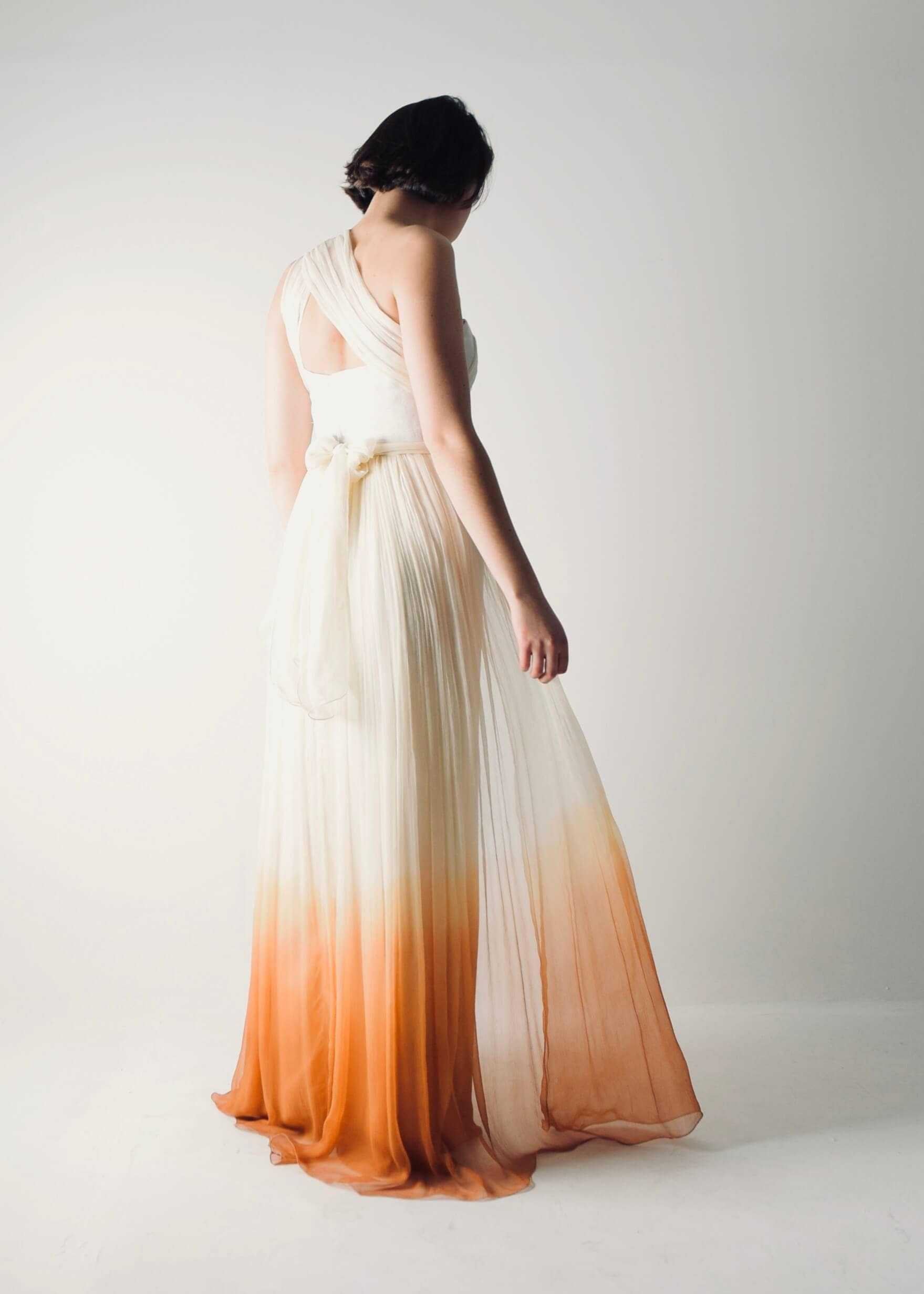 Orange ombré wedding dress with a sweetheart neckline, multifunction sheer sleeves and a column skirt