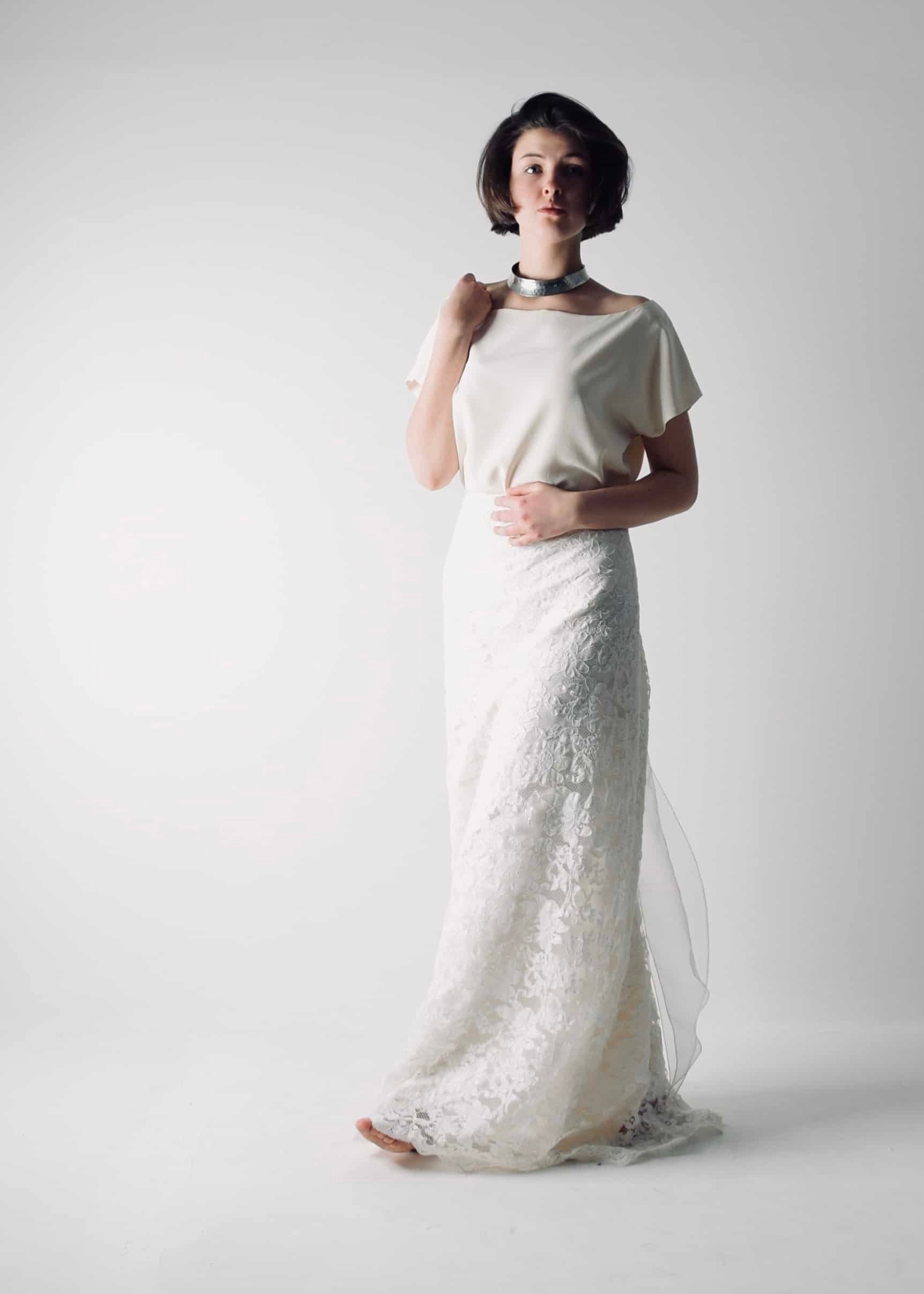 Romantic lace wedding skirt, with an A-line cut, paired with a separate soft silk bridal blouse, for a simple wedding dress look