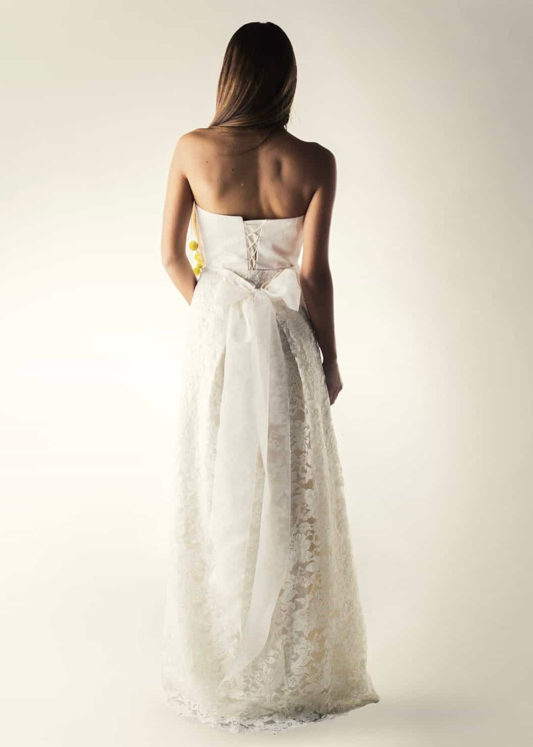 Romantic lace wedding skirt, with an A-line cut, paired with a separate bridal bustier in silk