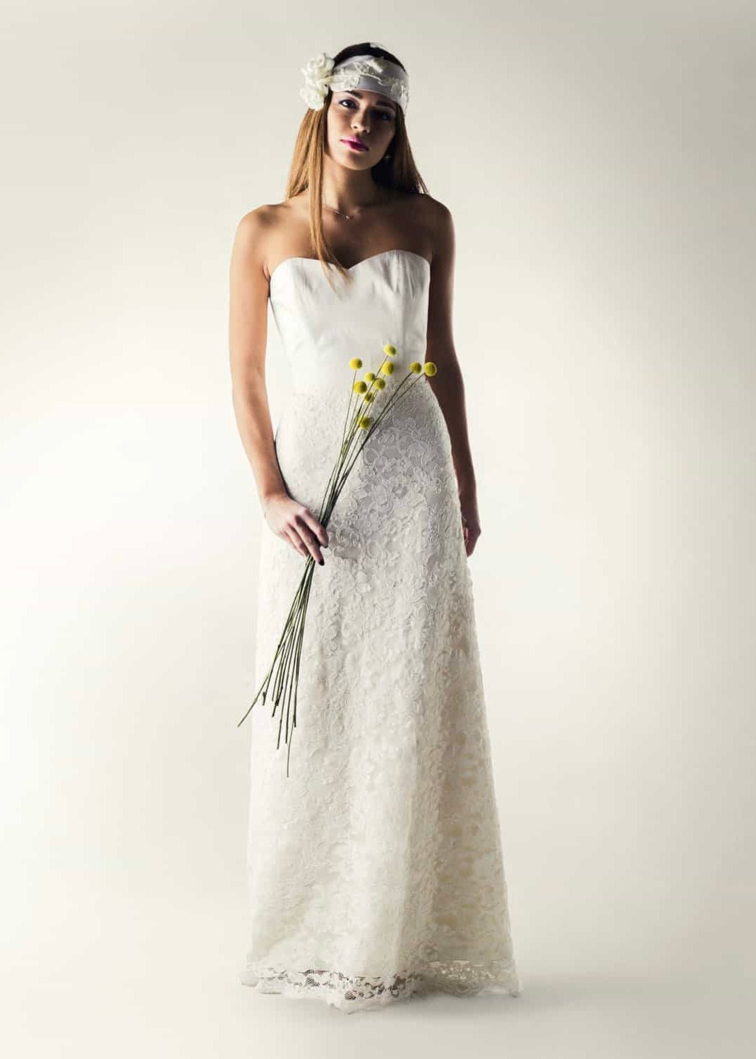 Romantic lace wedding skirt, with an A-line cut, paired with a separate bridal bustier in silk
