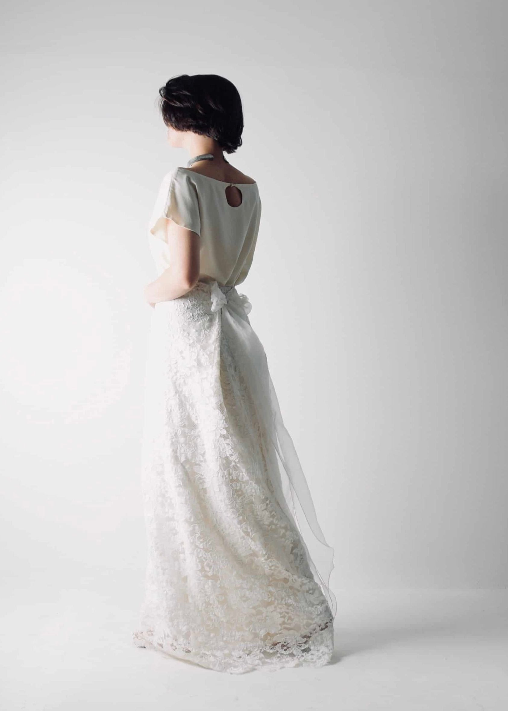 Romantic lace wedding skirt, with an A-line cut, paired with a separate soft silk bridal blouse, for a simple wedding dress look