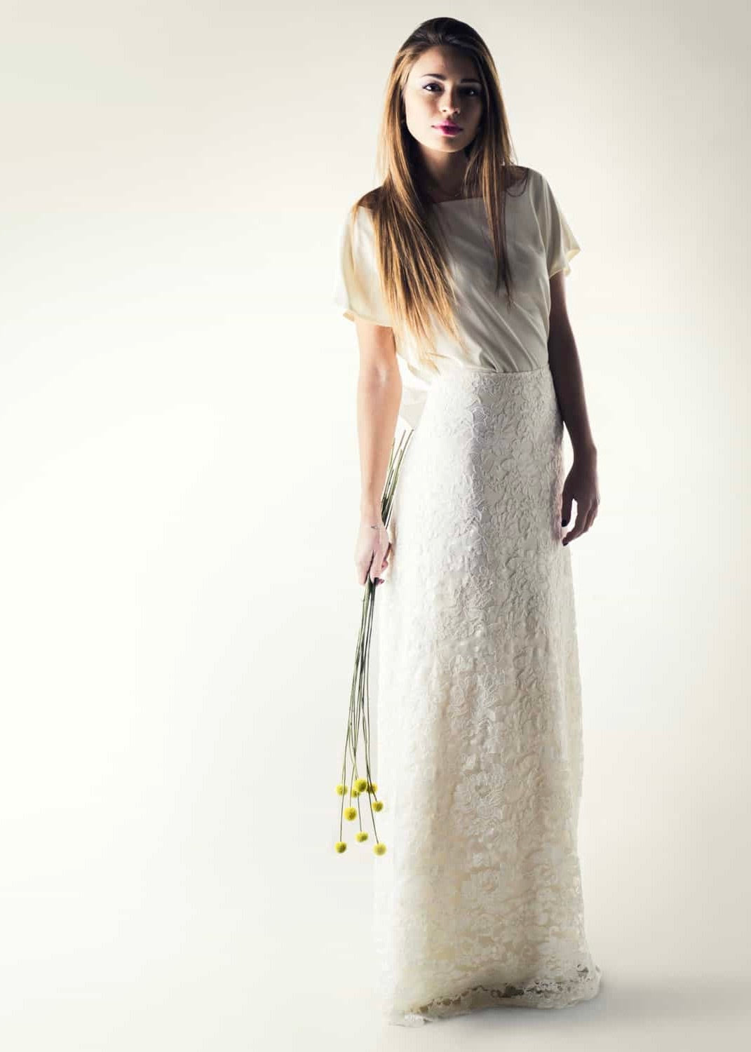 Romantic lace wedding skirt, with an A-line cut, paired with a separate soft silk bridal blouse, for a simple wedding dress look