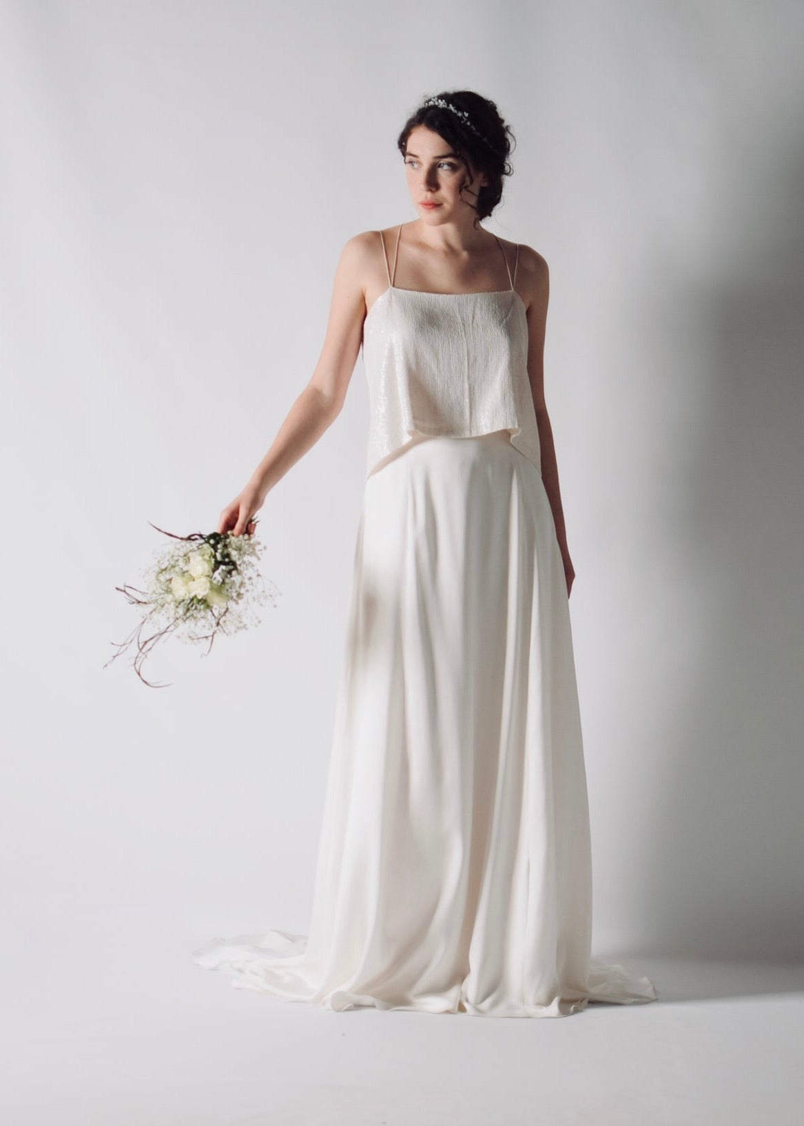 CALLA, A-Line Silk Satin Bridal Skirt with a Short Train, paired with a soft camisole, front view