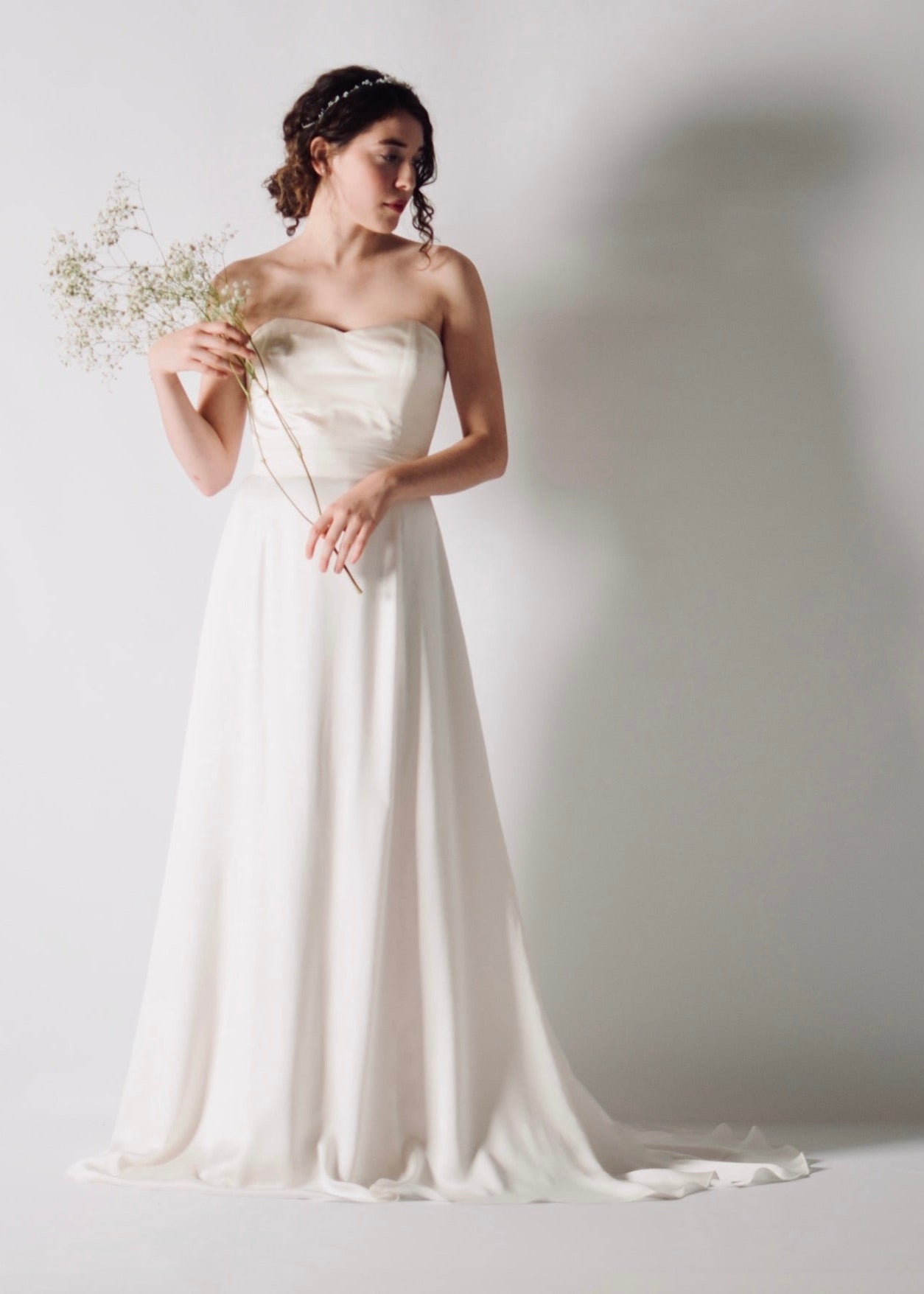 CALLA, A-Line Silk Satin Bridal Skirt with a Short Train, with a sweetheart neckline bodice also in satin - front view