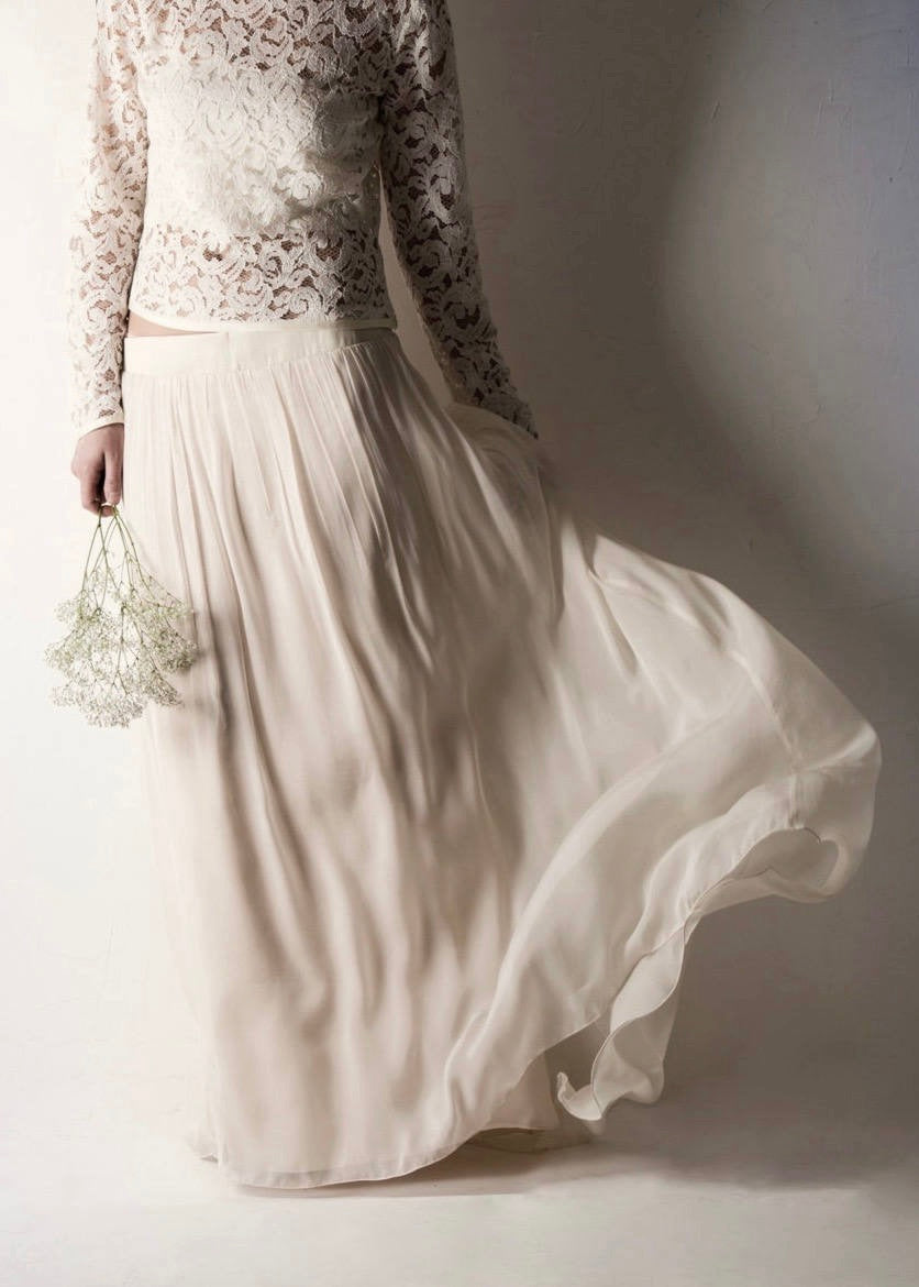 ANEMONE, a Long Chiffon Wedding Skirt - low waisted, worn with a crop top in lace