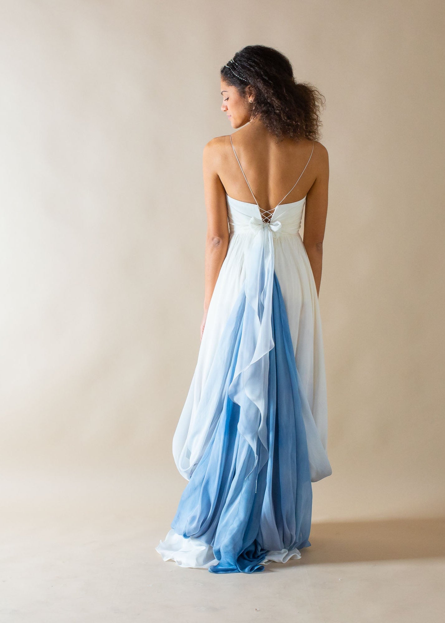 A-Line Ombrè Color Wedding Dress in Silk with removable sleeves - back