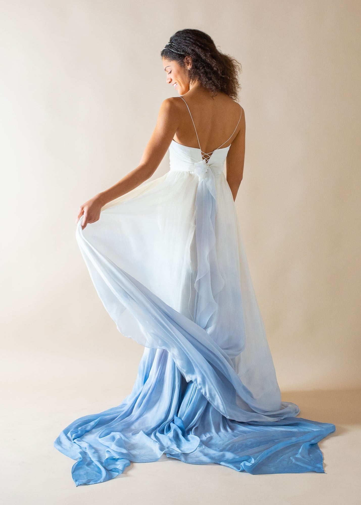 A-Line Ombrè Color Wedding Dress in Silk with removable sleeves - back