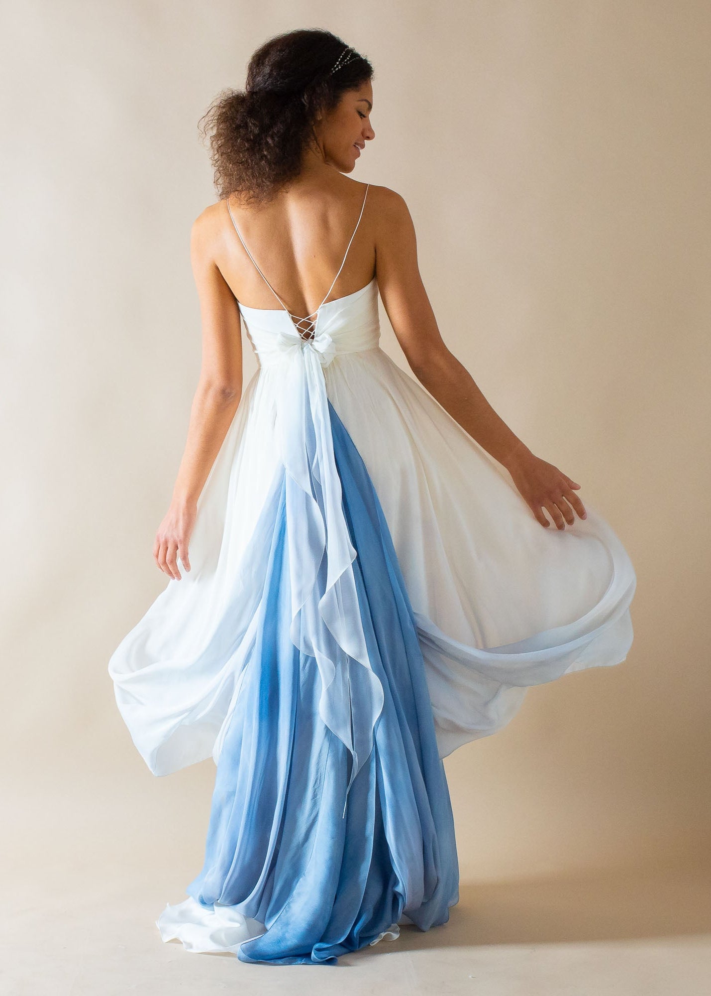 A-Line Ombrè Color Wedding Dress in Silk with removable sleeves - back