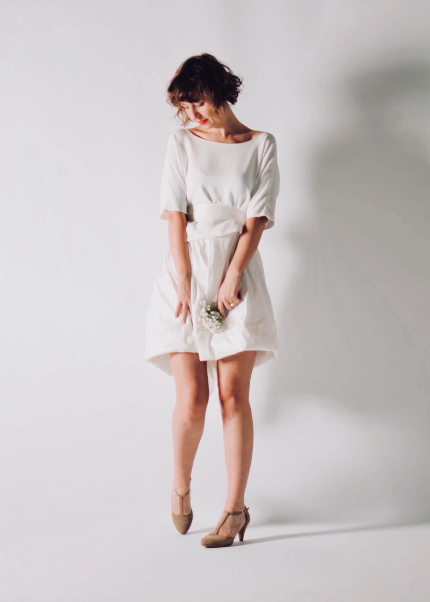 NIGELLA, Playful Short Wedding Dress Separates with Sleeves, movement