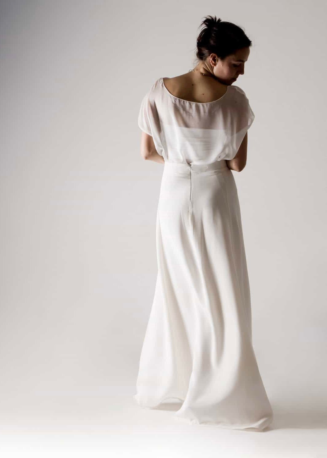 TULIPA: A-Line wedding skirt in heavy silk with sheer blouse for modern bridal look - back
