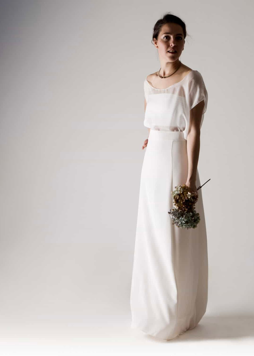 TULIPA, an A-Line Wedding Skirt with a Slim line made in heavy Silk worn with a sheer silk blouse for a modern bridal look