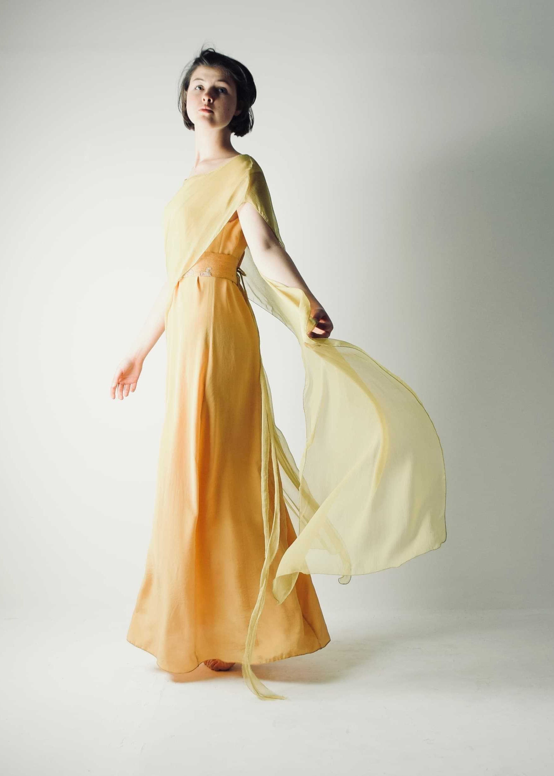 HEDERA in Gold, a Celtic Style Color Wedding Dress with a chiffon cape