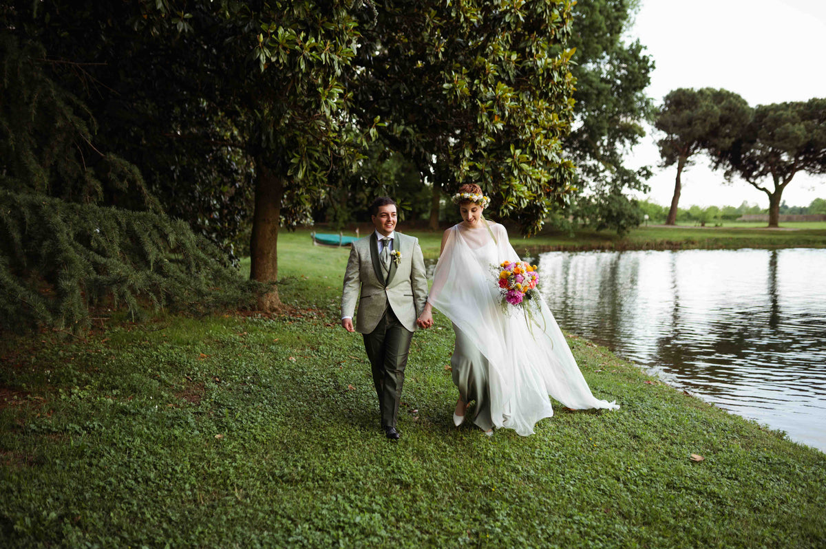 Silvia and her Flowing Wedding Dress in a Light Green