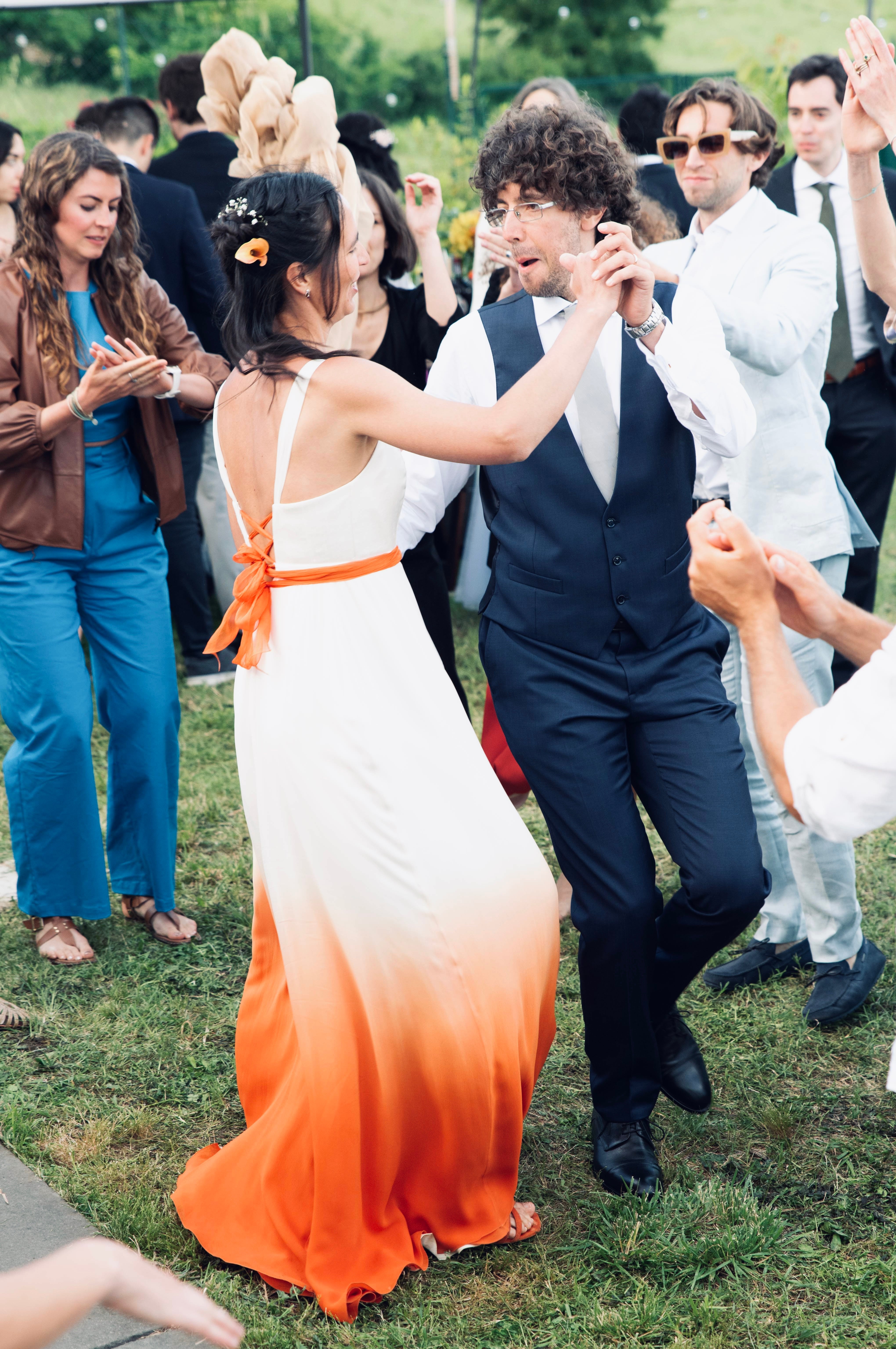 Silk wedding dress with orange dip day color at the bottom Martina I 2.jpg